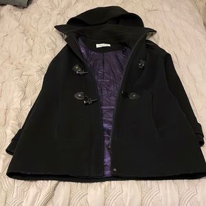 Black, Calvin Klein, hooded, quilted, peacoat.